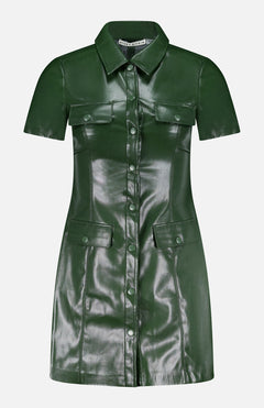 The Jamie Vegan Leather Collared Mini Dress by ALICE + OLIVIA features short sleeves, olive green faux leather, a collared neckline, front snap buttons, and four flap pockets on the chest and hips.