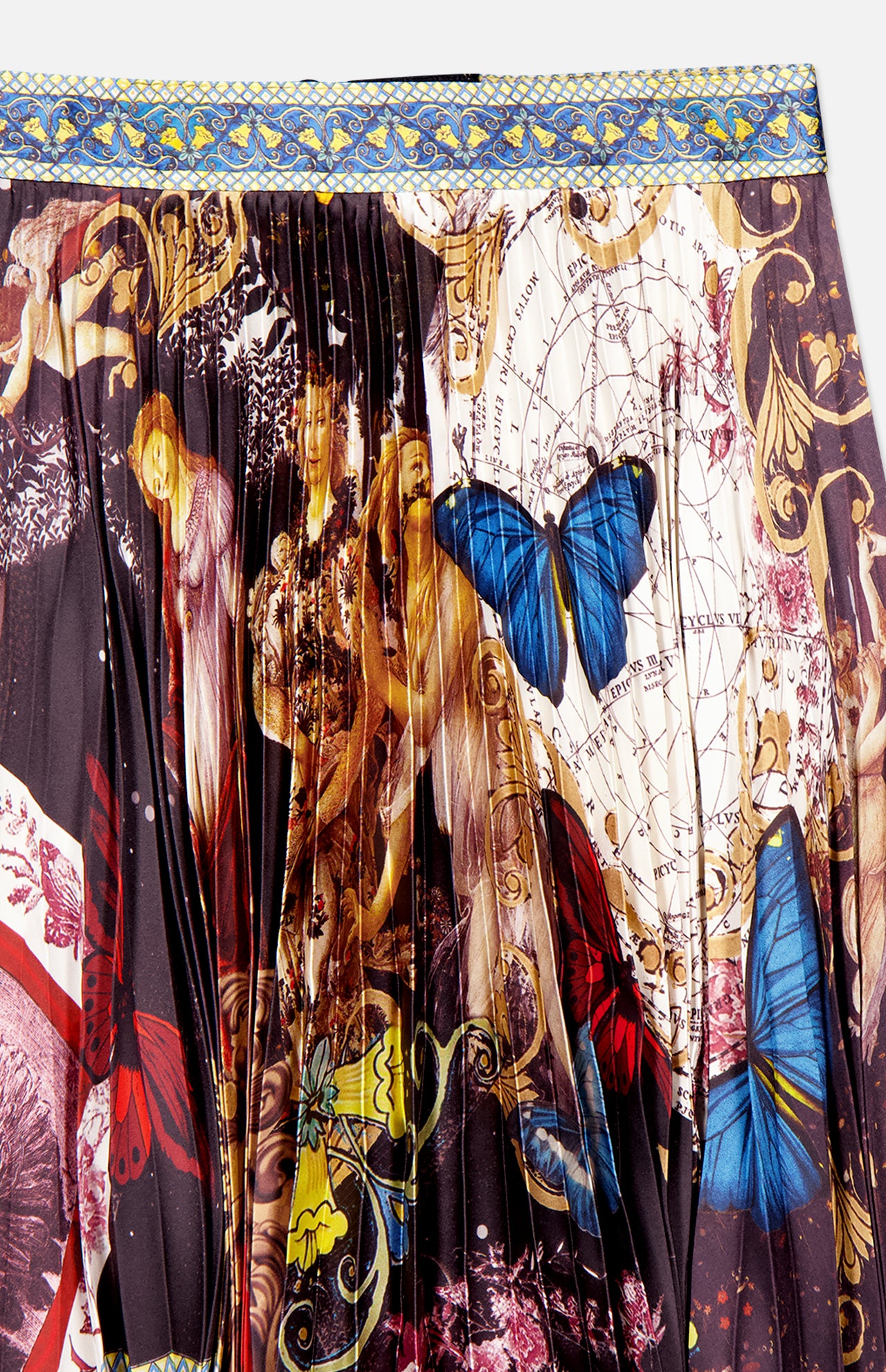 The Katz Maxi Pleated Skirt With Slit by ALICE + OLIVIA features a vibrant, eclectic print of classical figures, blue butterflies, ornate patterns, and map motifs, finished with a decorative blue and yellow trim at the waist.