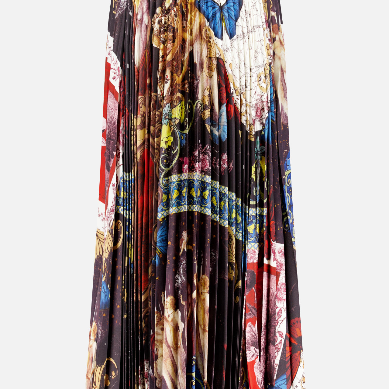 The Katz Maxi Pleated Skirt With Slit by ALICE + OLIVIA features vibrant, multi-colored classical art motifs, blue butterflies, ornate gold details, and intricate patterns on a dark background for a bold artistic statement.