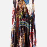 The Katz Maxi Pleated Skirt With Slit by ALICE + OLIVIA features vibrant, multi-colored classical art motifs, blue butterflies, ornate gold details, and intricate patterns on a dark background for a bold artistic statement.