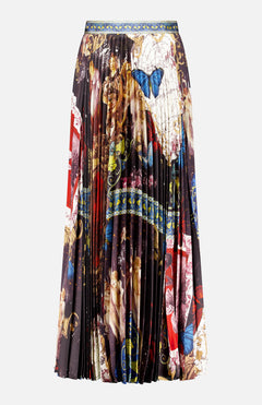 The Katz Maxi Pleated Skirt With Slit by ALICE + OLIVIA features vibrant, multi-colored classical art motifs, blue butterflies, ornate gold details, and intricate patterns on a dark background for a bold artistic statement.