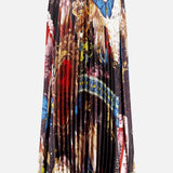 The Katz Maxi Pleated Skirt With Slit by ALICE + OLIVIA features a vibrant, baroque-inspired print with ornate patterns, butterflies, and classical figures in rich reds, blues, and golds, plus a black waistband and back zipper for an elegant finish.