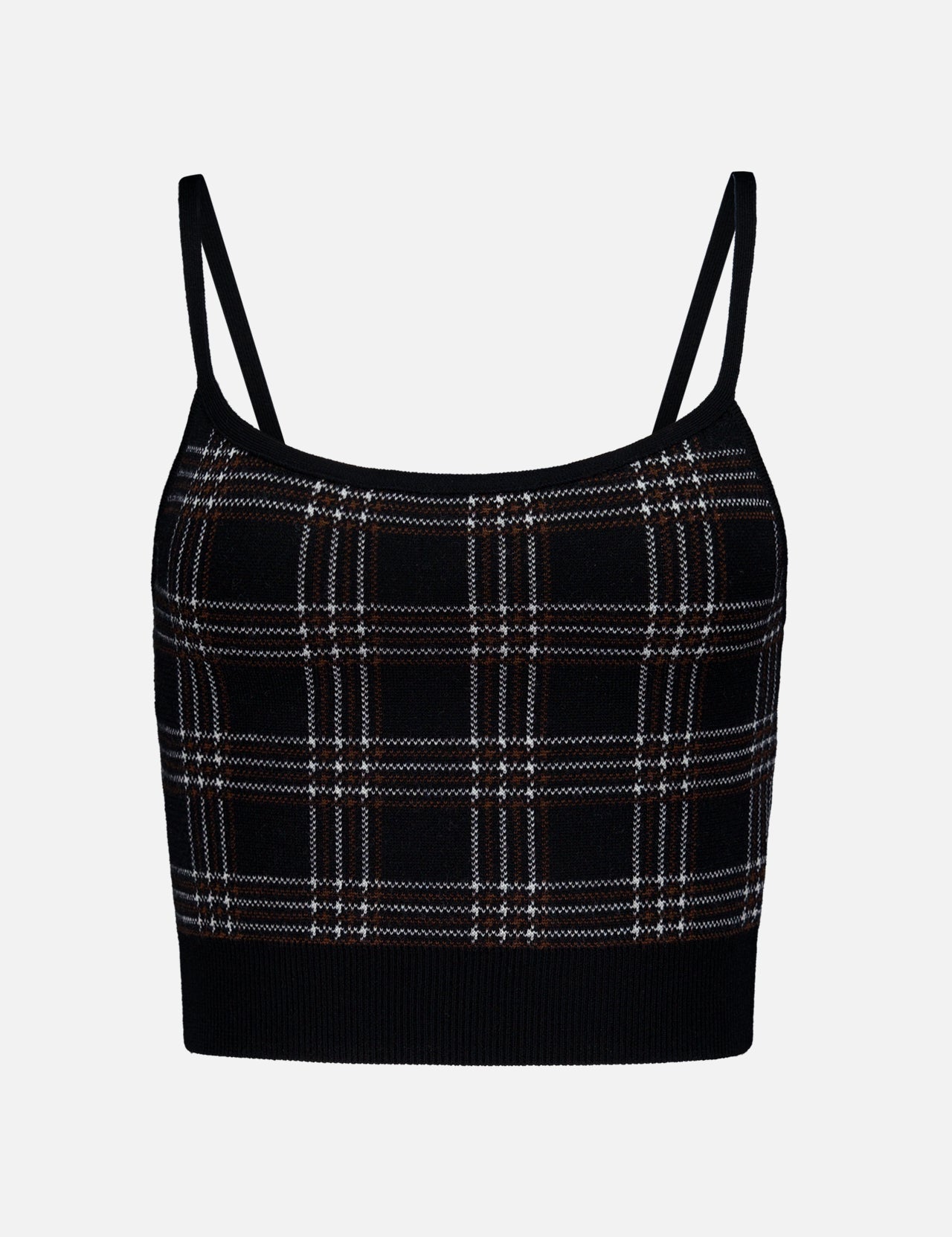 The ALICE + OLIVIA Maude Cropped Plaid Bralette is a black-grey tank with thin straps, a white and brown checkered front, and a cropped fit.
