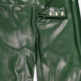 Close-up of the ALICE + OLIVIA Olivia Vegan Leather Fit Flare Pant in dark olive, featuring shiny vegan leather, silver snap buttons, a partially open waistband, and smooth fit-and-flare material.