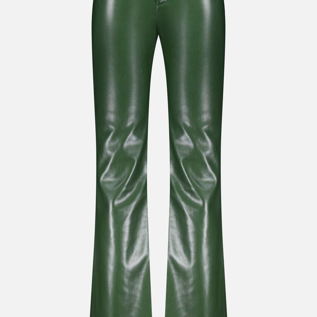 The ALICE + OLIVIA Olivia Vegan Leather Fit Flare Pant in dark olive features a high waist, front zipper, glossy finish, and chic fit-and-flare silhouette, shown against a white background.