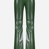 The ALICE + OLIVIA Olivia Vegan Leather Fit Flare Pant in dark olive features a high waist, front zipper, glossy finish, and chic fit-and-flare silhouette, shown against a white background.