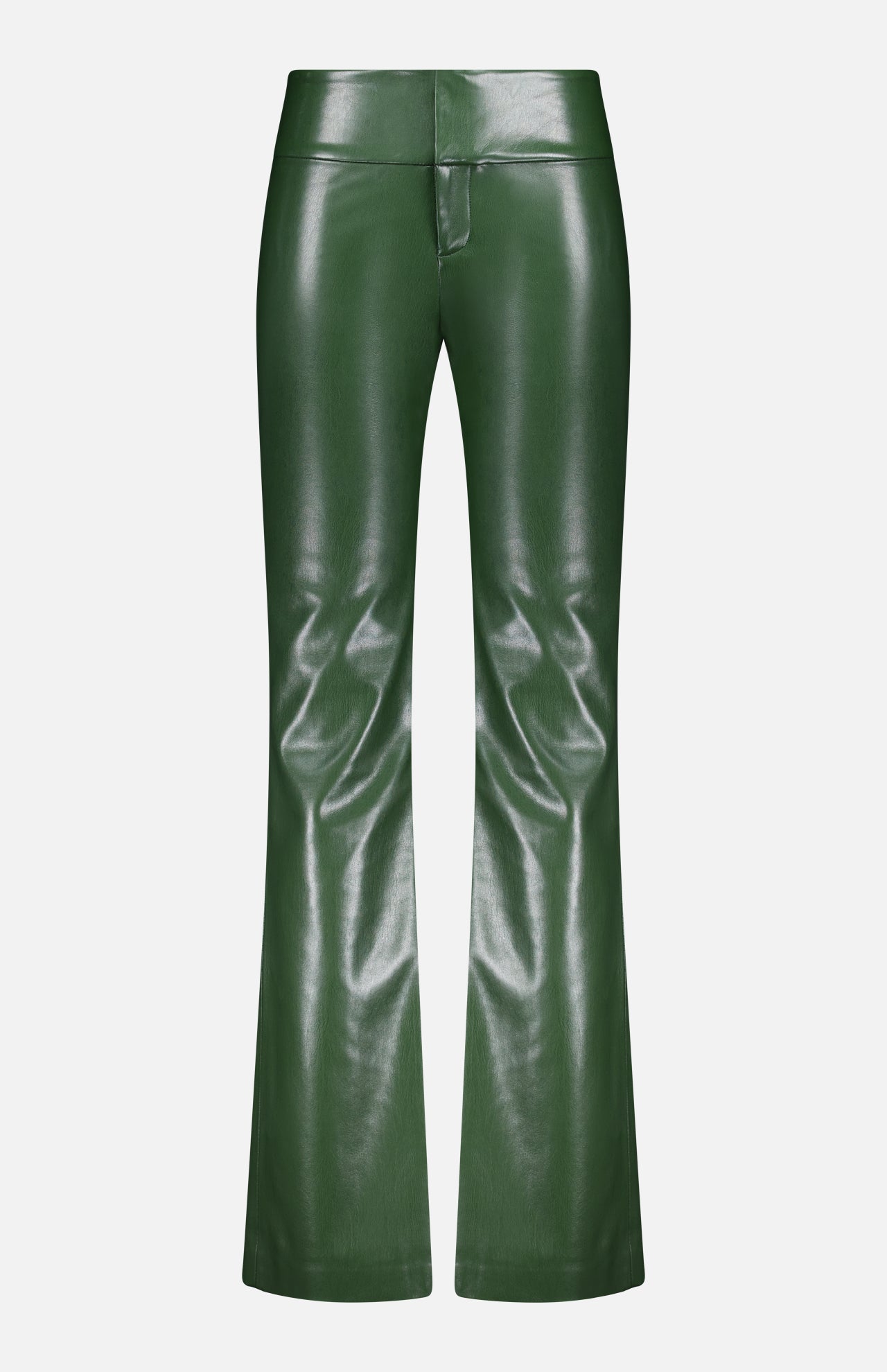 The ALICE + OLIVIA Olivia Vegan Leather Fit Flare Pant in dark olive features a high waist, front zipper, glossy finish, and chic fit-and-flare silhouette, shown against a white background.