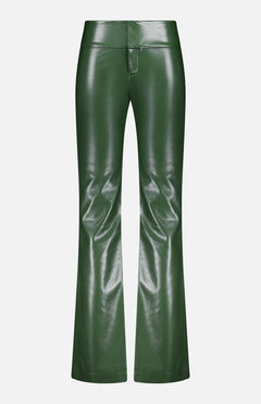 The ALICE + OLIVIA Olivia Vegan Leather Fit Flare Pant in dark olive features a high waist, front zipper, glossy finish, and chic fit-and-flare silhouette, shown against a white background.