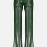Back view of ALICE + OLIVIA's Olivia Vegan Leather Fit Flare Pant in shiny dark olive, featuring a high waist, slight flare at the bottom, and subtle seam detailing.
