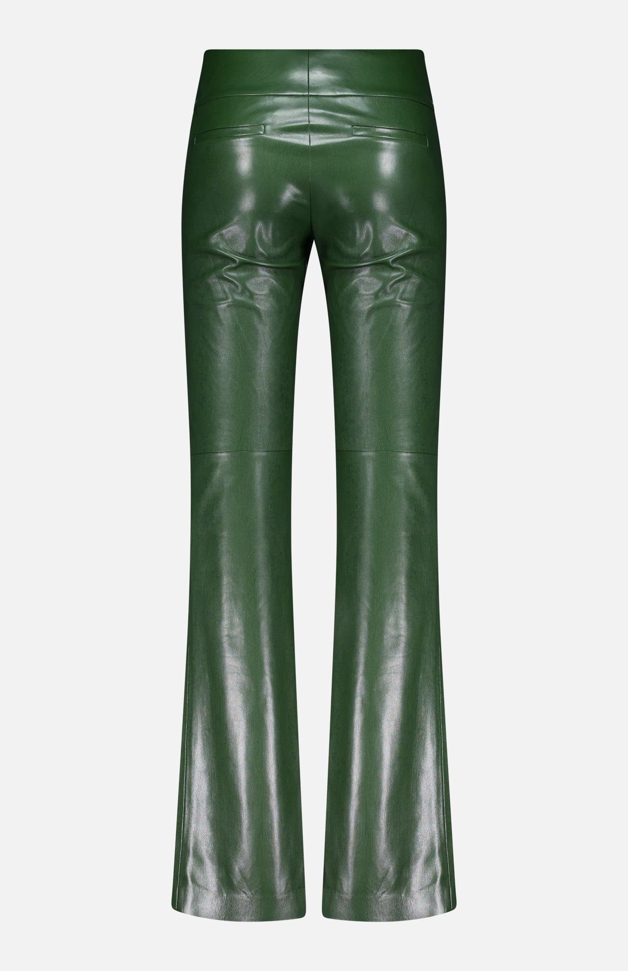 Back view of ALICE + OLIVIA's Olivia Vegan Leather Fit Flare Pant in shiny dark olive, featuring a high waist, slight flare at the bottom, and subtle seam detailing.