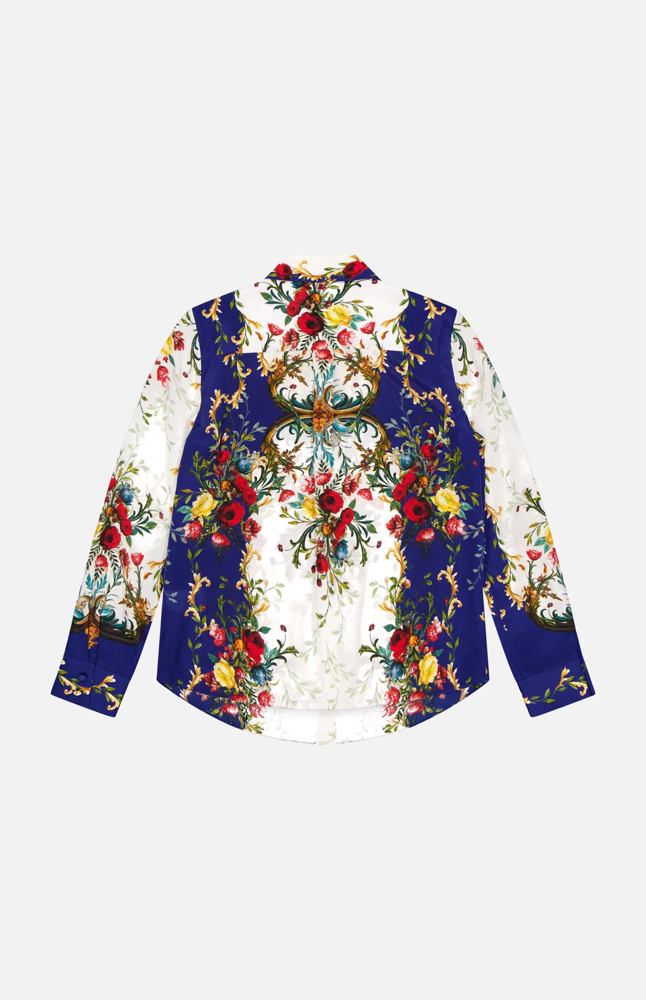 The ALICE + OLIVIA Willa Concealed Placket Top is a long-sleeve crepe de chine shirt with a vibrant floral and vine print in red, green, and gold on white and royal blue, shown flat with the back facing up.