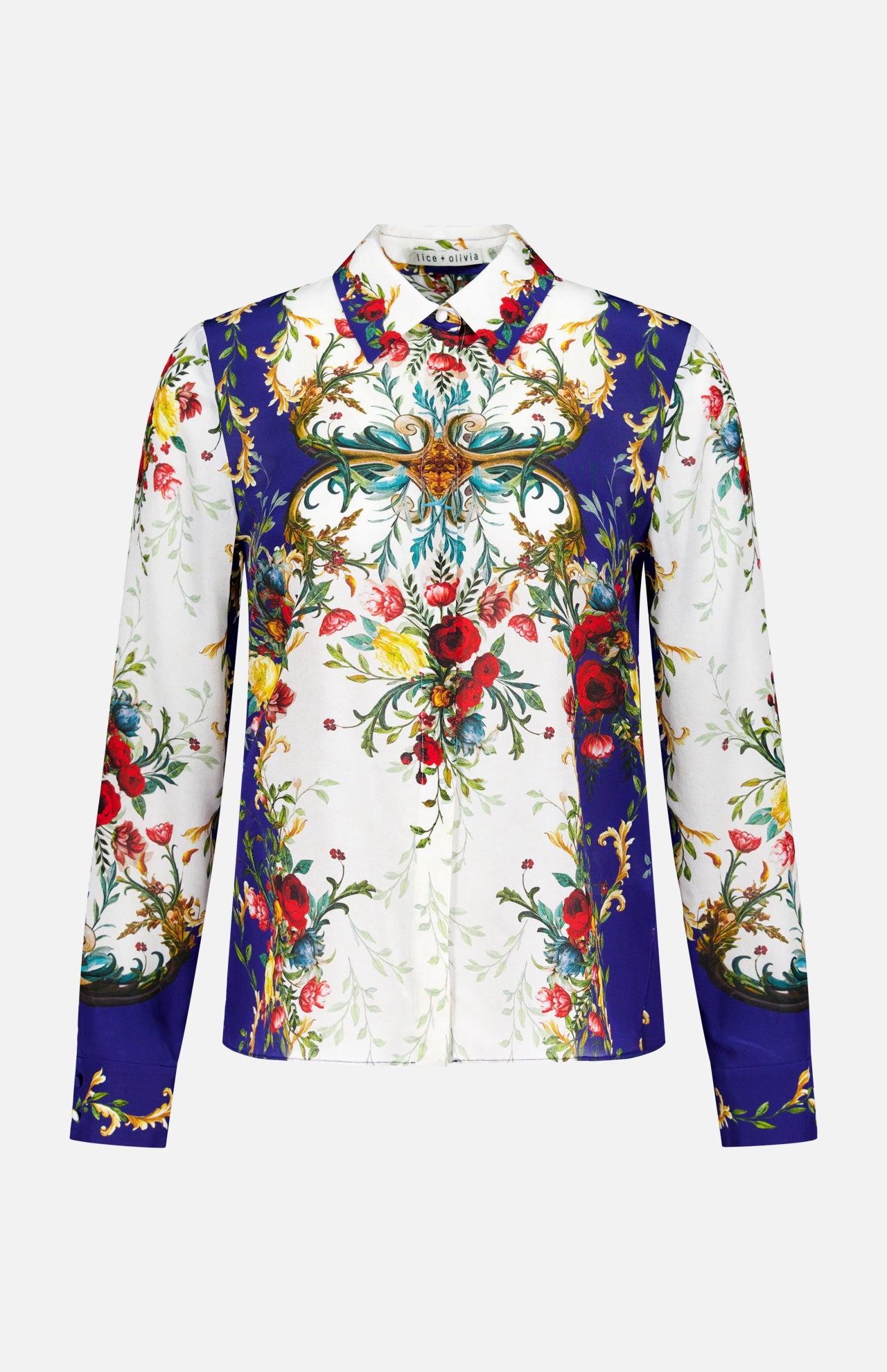 The Willa Concealed Placket Top by ALICE + OLIVIA is a long-sleeved silk blouse featuring vibrant red, blue, green, and gold floral and baroque patterns on white, with symmetrical florals and scrollwork for a striking vintage look.