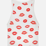The Allen Printed Lips Tank Top by ALICE + OLIVIA is a cropped, sleeveless white ribbed top featuring playful red printed lips, shown flat on a plain white background.