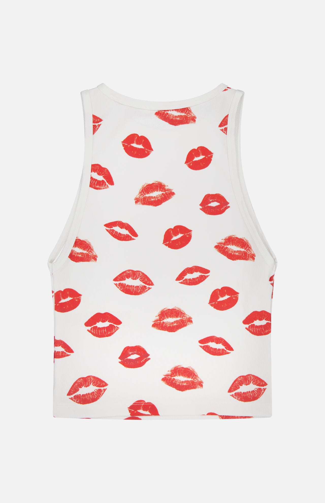 The Allen Printed Lips Tank Top by ALICE + OLIVIA is a cropped, sleeveless white ribbed top featuring playful red printed lips, shown flat on a plain white background.