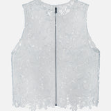 The Amal Lace Tank by ALICE + OLIVIA is a white sleeveless top with a round neck, exposed back zip, intricate floral lace patterns, and a scalloped hem.