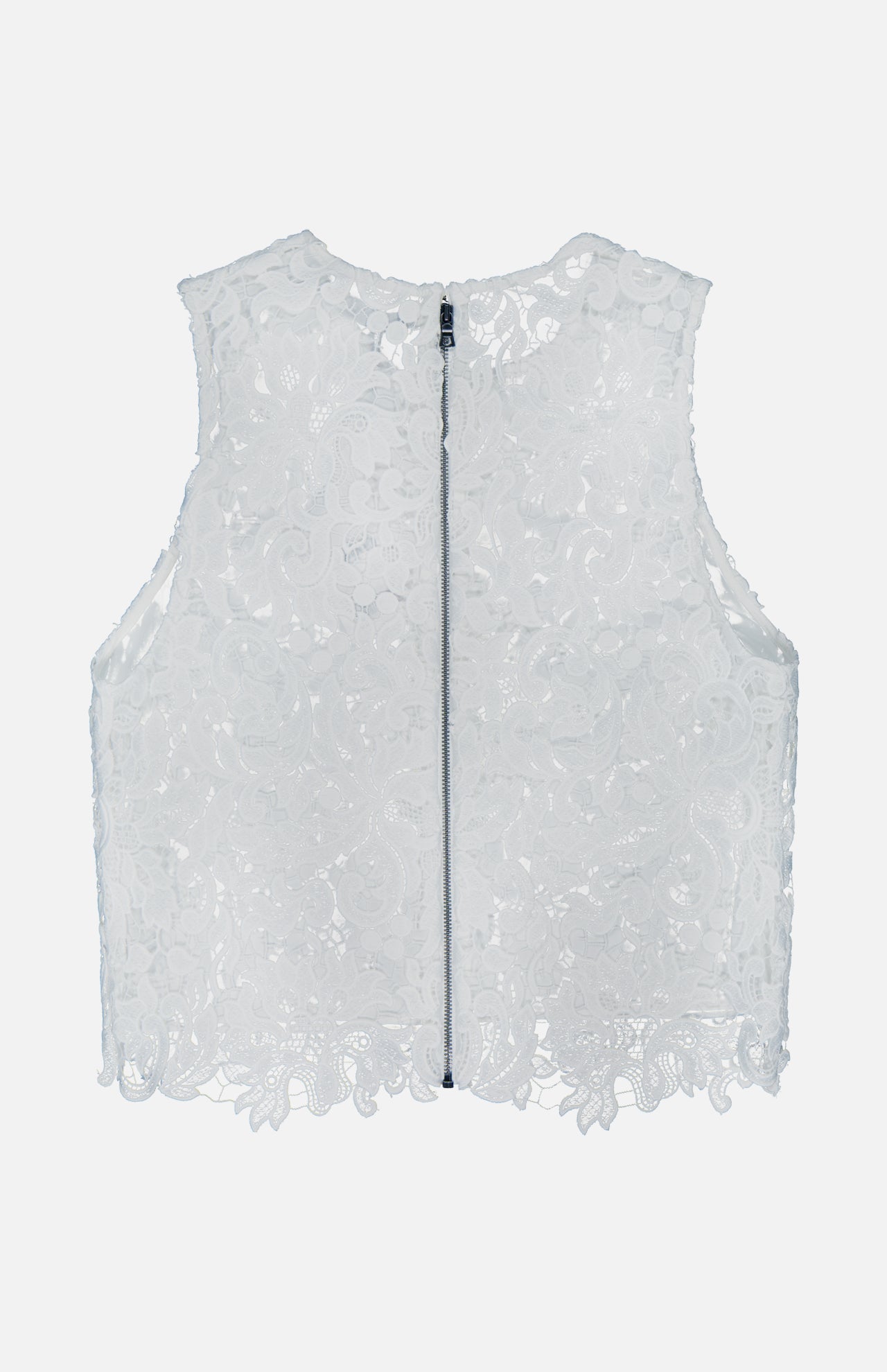 The Amal Lace Tank by ALICE + OLIVIA is a white sleeveless top with a round neck, exposed back zip, intricate floral lace patterns, and a scalloped hem.