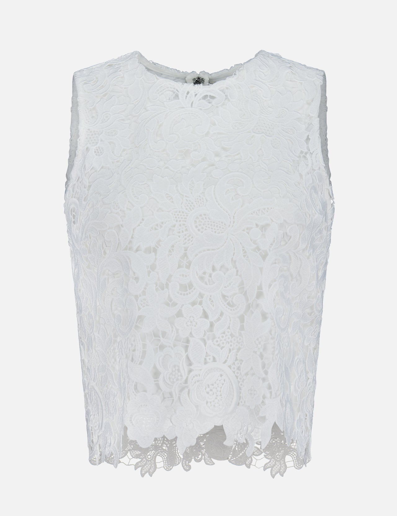 The Amal Lace Tank by ALICE + OLIVIA features a sleeveless round neck, intricate floral lace, scalloped hem, and an exposed back zip for a chic finish.