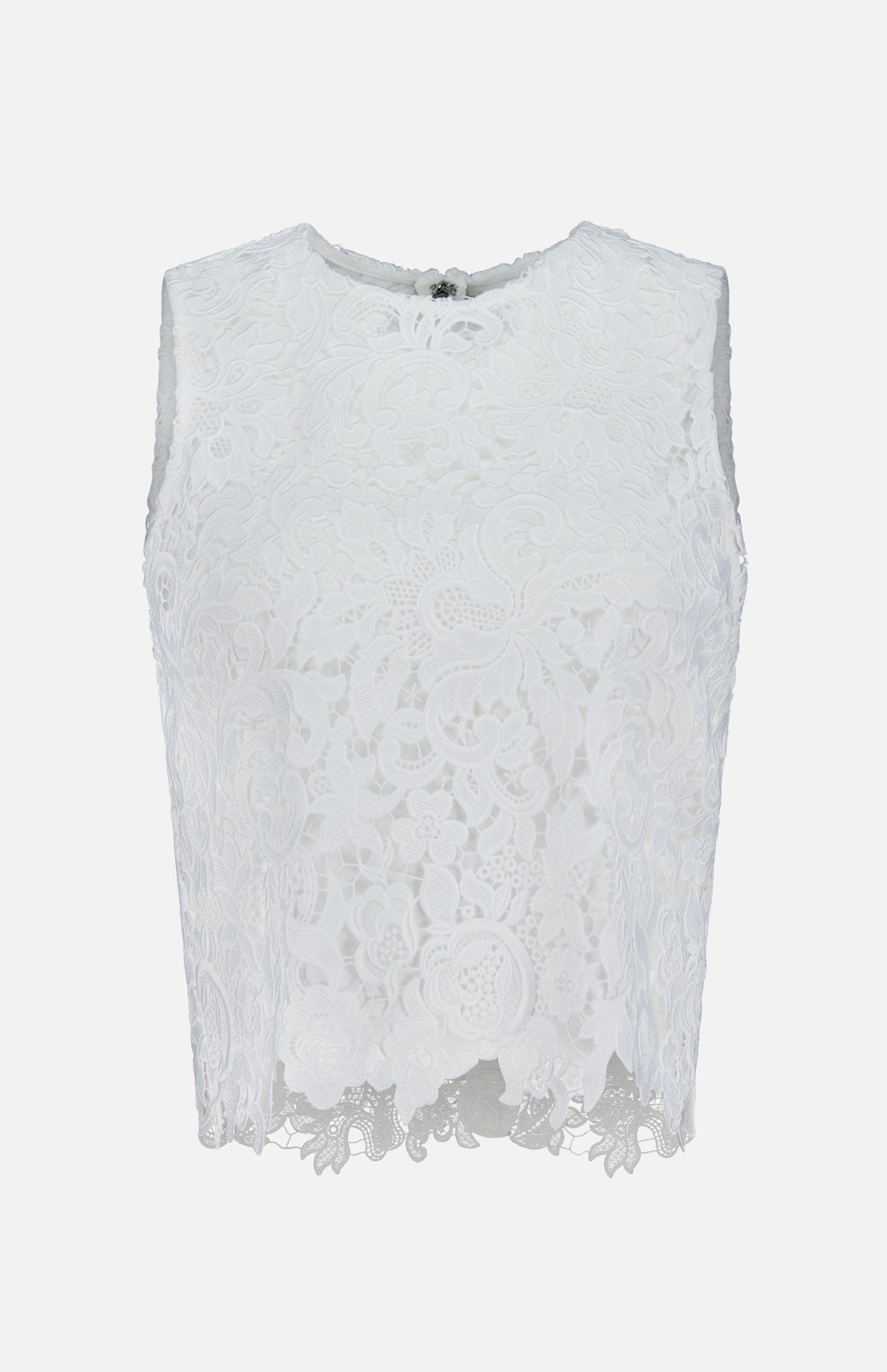 The Amal Lace Tank by ALICE + OLIVIA features a sleeveless round neck, intricate floral lace, scalloped hem, and an exposed back zip for a chic finish.