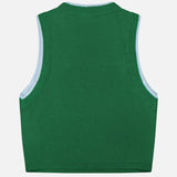 The Araceli Two Tone Tank Top by ALICE + OLIVIA is a green cashmere vest featuring light blue trim on the armholes and neckline, displayed flat in a back view against a white background.