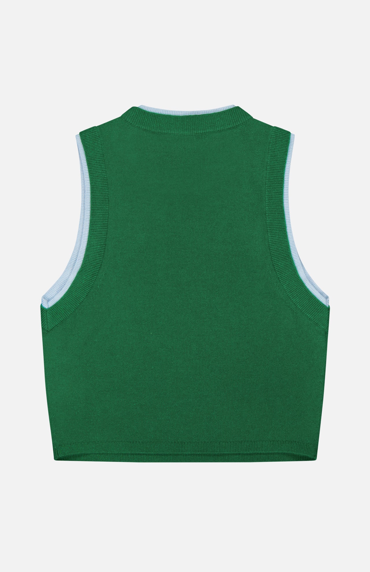 The Araceli Two Tone Tank Top by ALICE + OLIVIA is a green cashmere vest featuring light blue trim on the armholes and neckline, displayed flat in a back view against a white background.