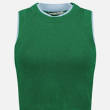 The Araceli Two Tone Tank Top by ALICE + OLIVIA is a sleeveless green cropped top with a round neckline and light blue trim, shown against a plain white background.