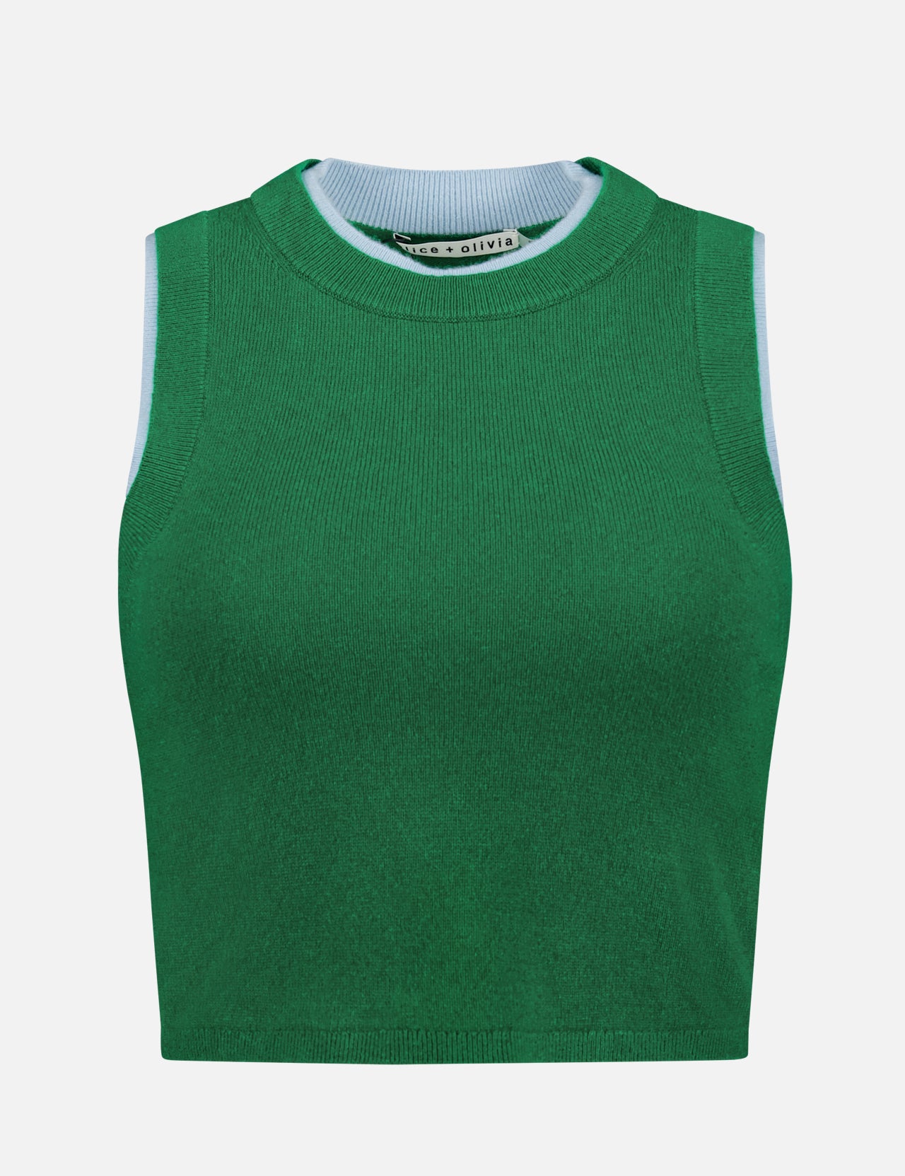 The Araceli Two Tone Tank Top by ALICE + OLIVIA is a sleeveless green cropped top with a round neckline and light blue trim, shown against a plain white background.