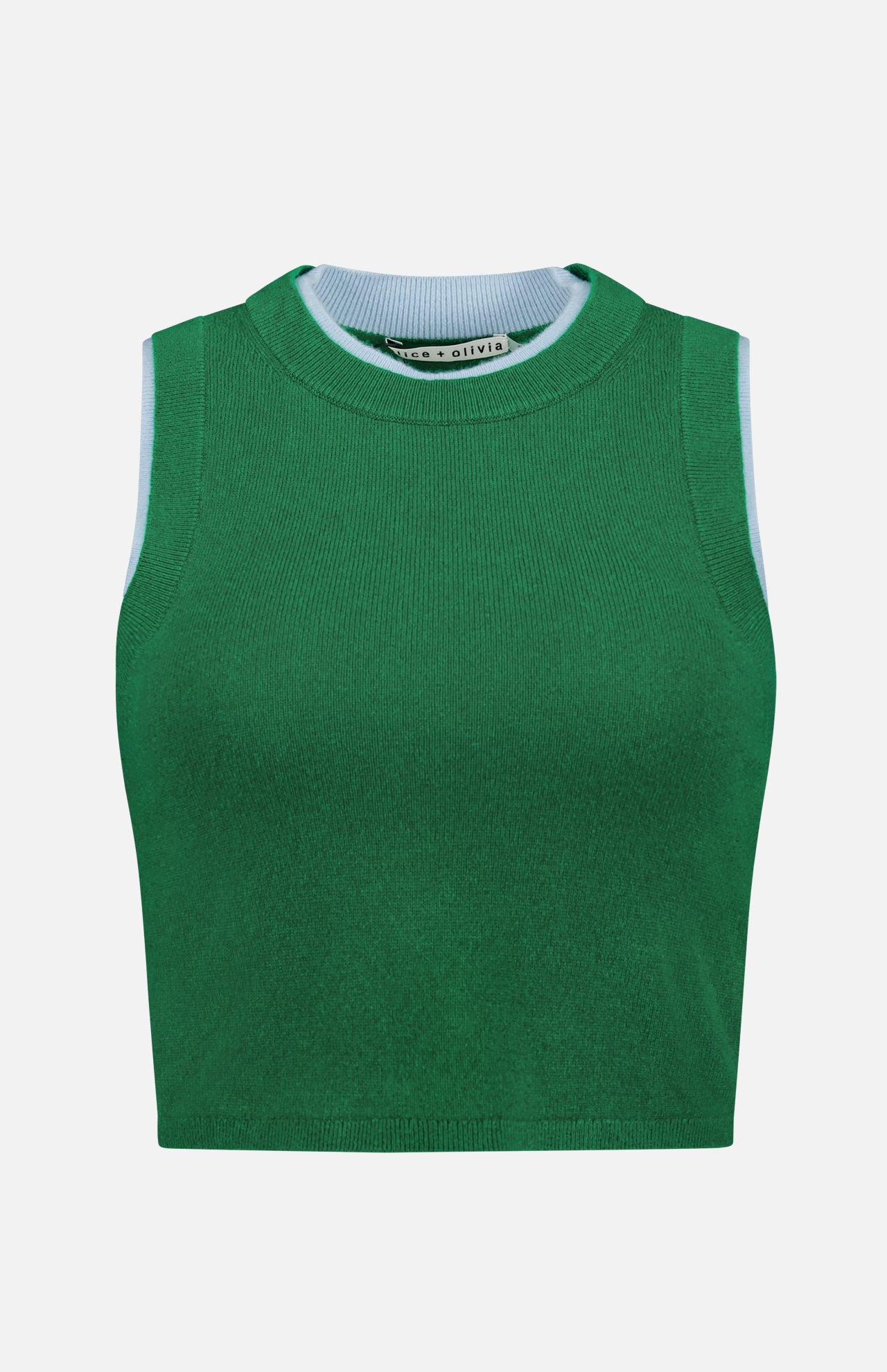 The Araceli Two Tone Tank Top by ALICE + OLIVIA is a sleeveless green cropped top with a round neckline and light blue trim, shown against a plain white background.
