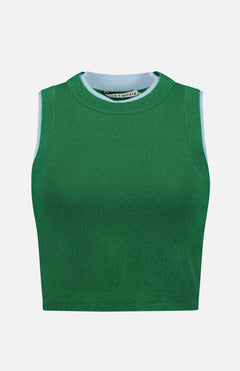 The Araceli Two Tone Tank Top by ALICE + OLIVIA is a sleeveless green cropped top with a round neckline and light blue trim, shown against a plain white background.