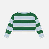 The Ayden Cropped V-Neck Pullover Sweater by ALICE + OLIVIA is a long-sleeve knit featuring wide green and light blue stripes, displayed flat with the back facing up on a white background.