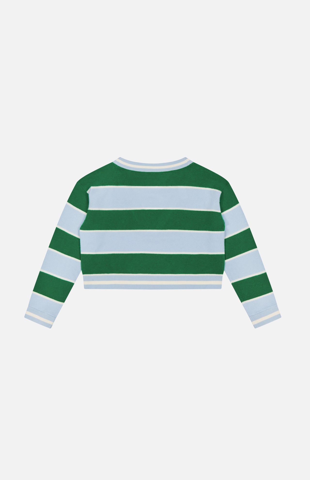 The Ayden Cropped V-Neck Pullover Sweater by ALICE + OLIVIA is a long-sleeve knit featuring wide green and light blue stripes, displayed flat with the back facing up on a white background.