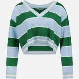 The Ayden Cropped V-Neck Pullover Sweater by ALICE + OLIVIA features long sleeves and wide green and light blue stripes.