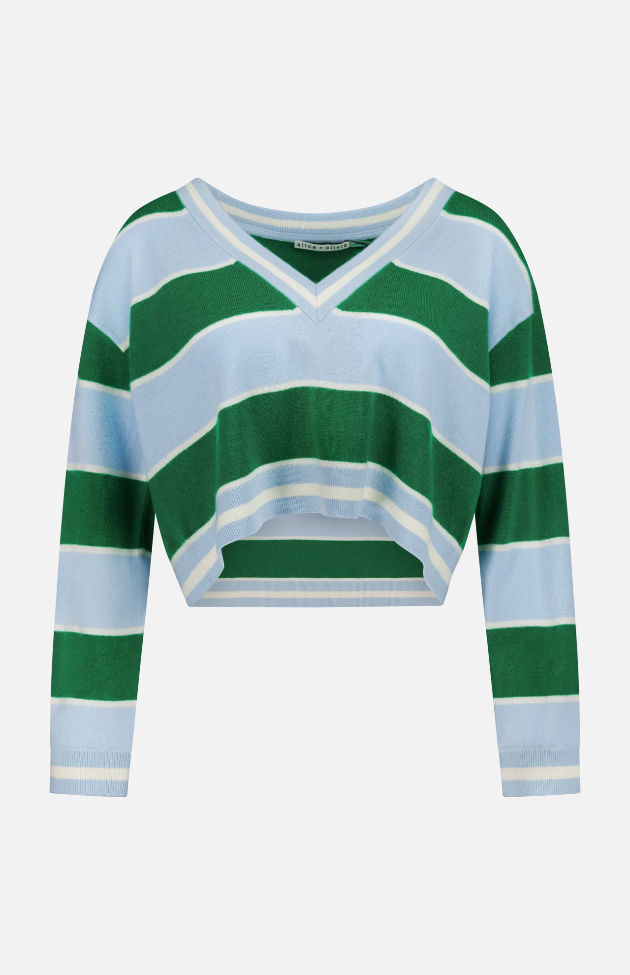 The Ayden Cropped V-Neck Pullover Sweater by ALICE + OLIVIA features long sleeves and wide green and light blue stripes.