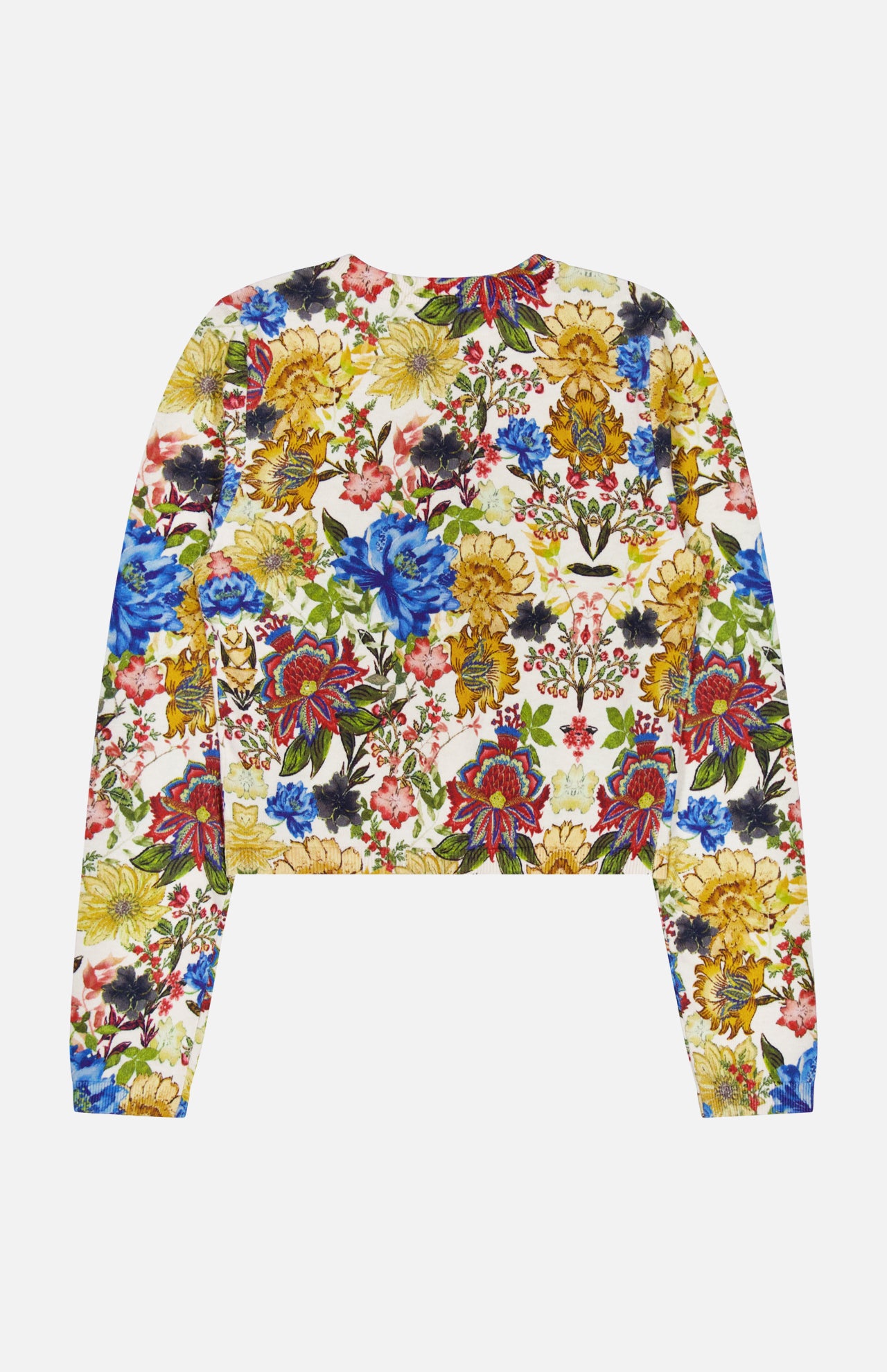 The Carson Floral Printed Cardigan by ALICE + OLIVIA is a long-sleeve, cropped cardigan adorned with a vibrant floral print in blue, red, yellow, and green on a white background, laid flat with the back facing up for a vintage-inspired look.