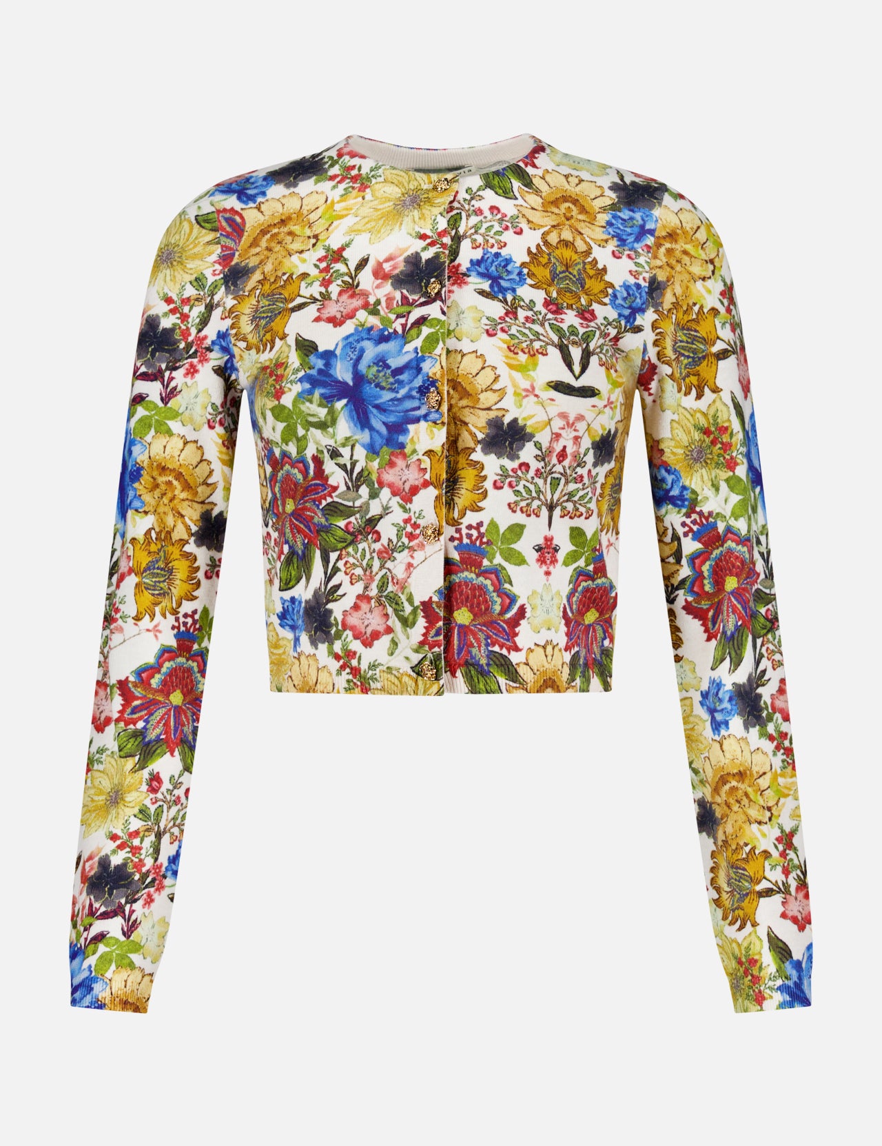 The Carson Floral Printed Cardigan by ALICE + OLIVIA is a long-sleeve, cropped top adorned with a vibrant multicolor floral pattern—blue, yellow, red, and green flowers on a white background—making it the perfect piece for embracing vintage style and adding a touch of fall florals to your wardrobe.