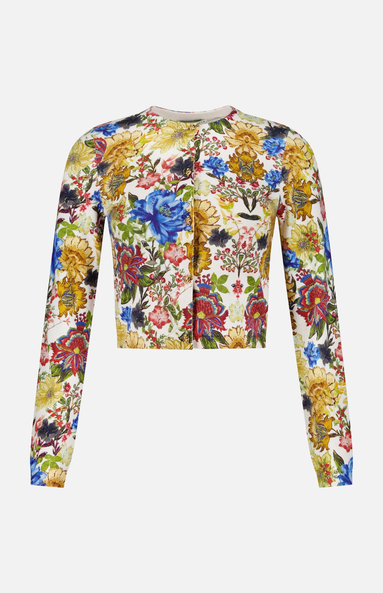 The Carson Floral Printed Cardigan by ALICE + OLIVIA is a long-sleeve, cropped top adorned with a vibrant multicolor floral pattern—blue, yellow, red, and green flowers on a white background—making it the perfect piece for embracing vintage style and adding a touch of fall florals to your wardrobe.