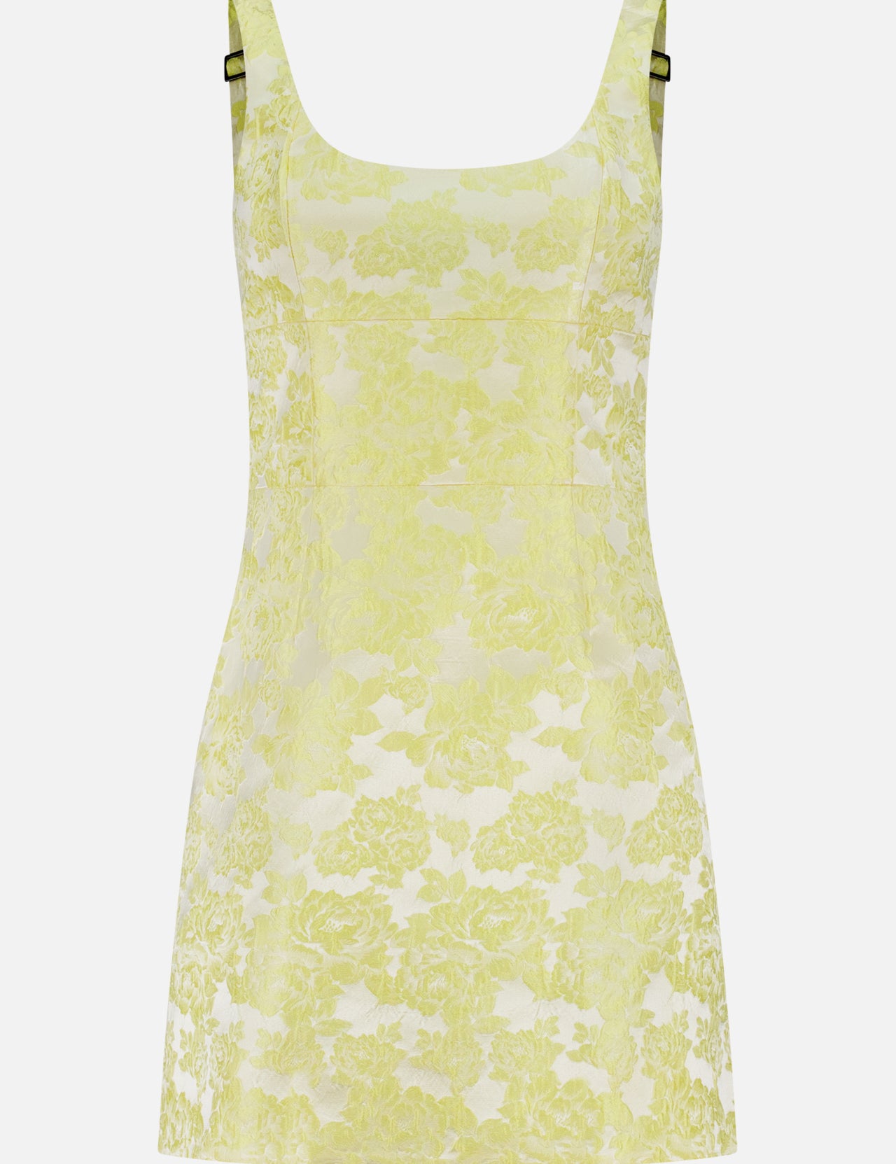 The Charlotte Scoop Neck Mini Dress by ALICE + OLIVIA is a butter yellow metallic floral jacquard mini dress with a scoop neckline, subtle seam detailing, and adjustable straps featuring metallic buckles for a custom fit.