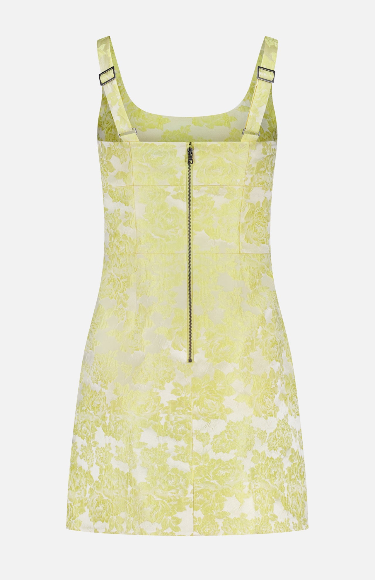 The Charlotte Scoop Neck Mini Dress by ALICE + OLIVIA features a sleeveless butter yellow design with metallic floral jacquard, adjustable straps, square neckline, and front zipper closure. Displayed on a white background; perfect for cocktail parties.