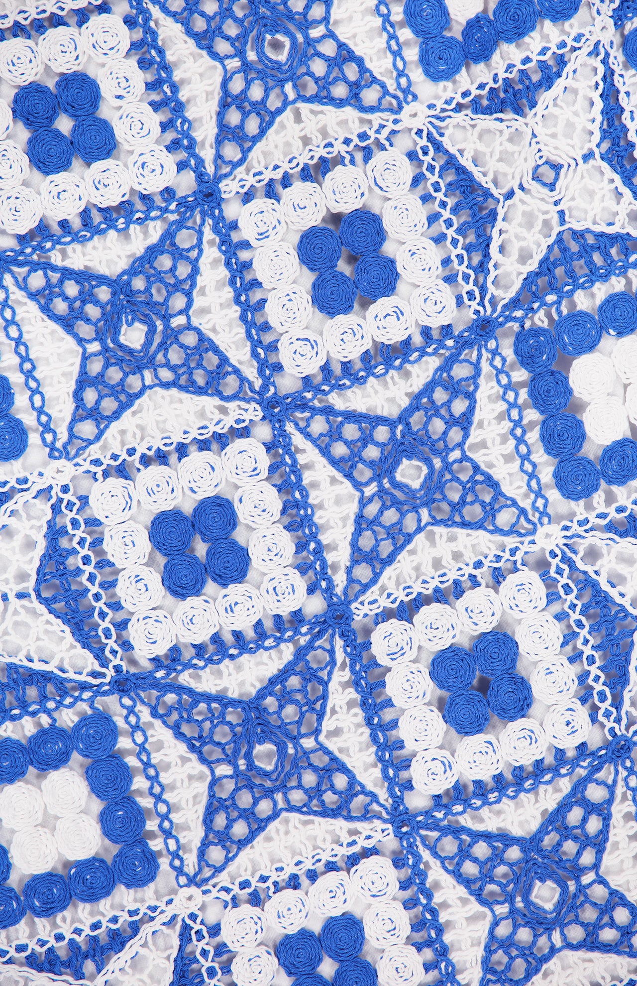 Blue and white crochet blanket with alternating star and square patterns, showcasing intricate, lacy designs and a repeating geometric motif—reminiscent of the delicate craftsmanship found in the ALICE + OLIVIA Clyde A-Line Shift Dress.