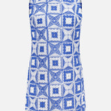 The Clyde A-Line Shift Dress by ALICE + OLIVIA features a sleeveless silhouette with a blue and white crochet pattern showcasing geometric square and floral motifs, displayed on a plain white background.