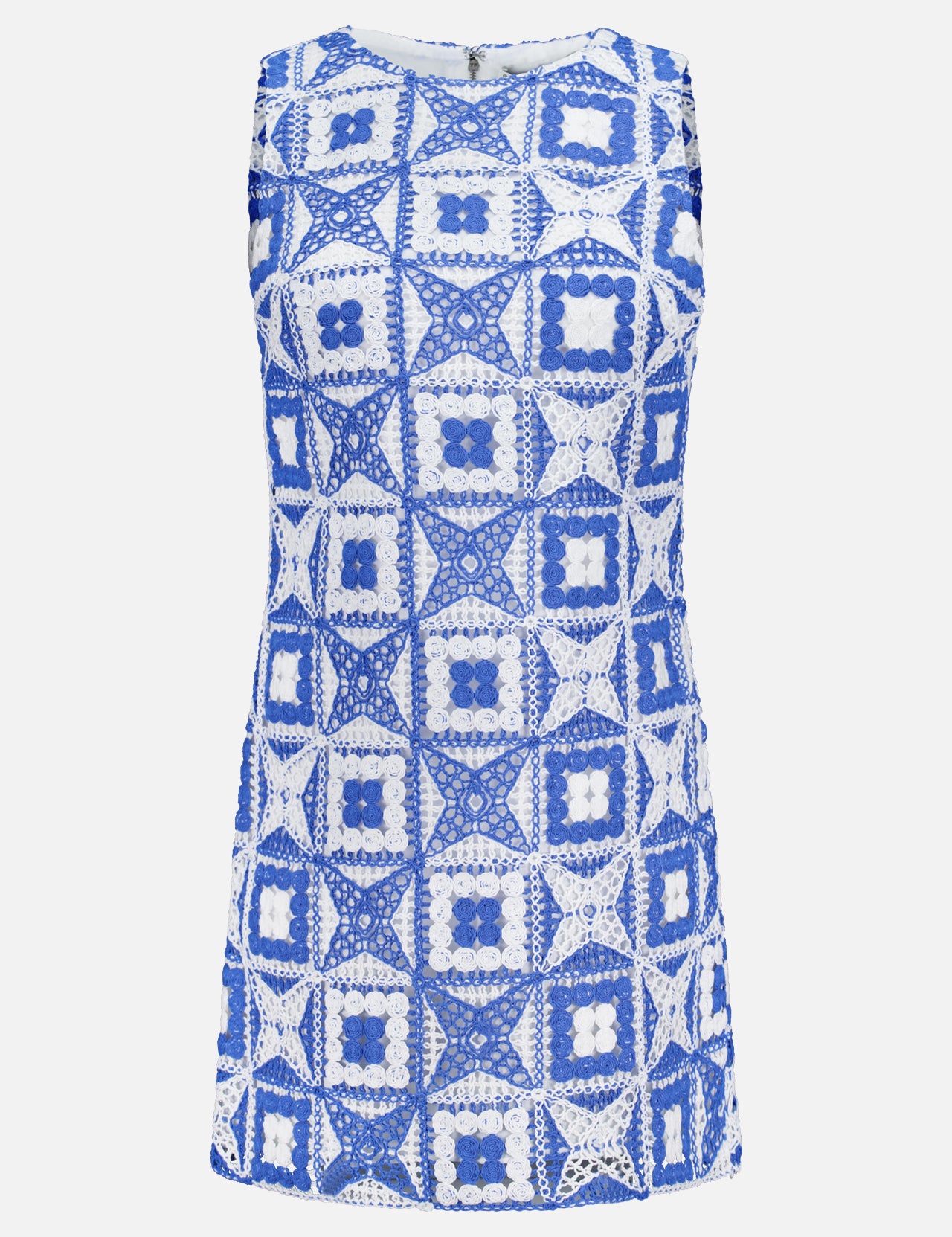 The Clyde A-Line Shift Dress by ALICE + OLIVIA features a sleeveless silhouette with a blue and white crochet pattern showcasing geometric square and floral motifs, displayed on a plain white background.