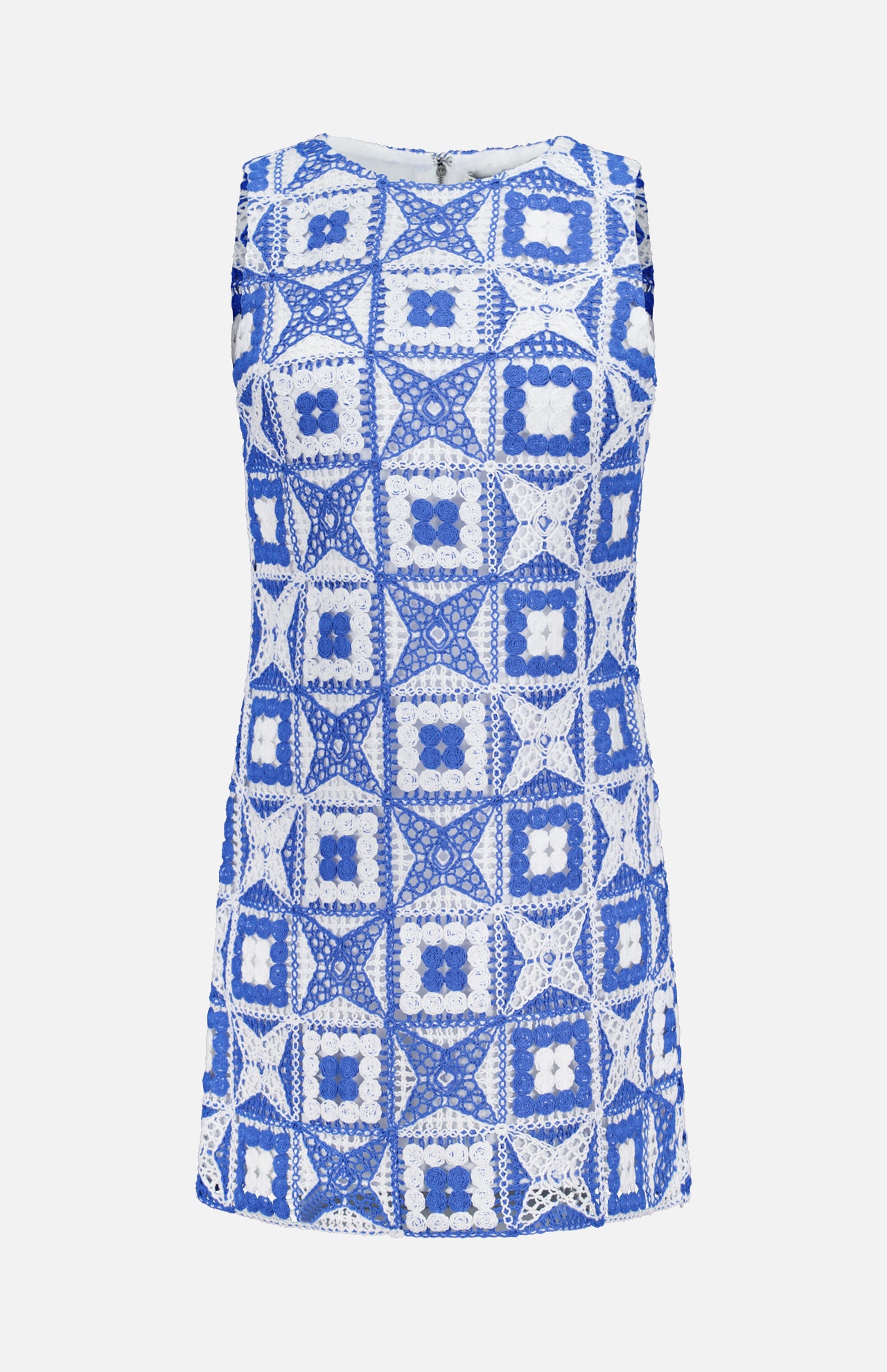 The Clyde A-Line Shift Dress by ALICE + OLIVIA features a sleeveless silhouette with a blue and white crochet pattern showcasing geometric square and floral motifs, displayed on a plain white background.