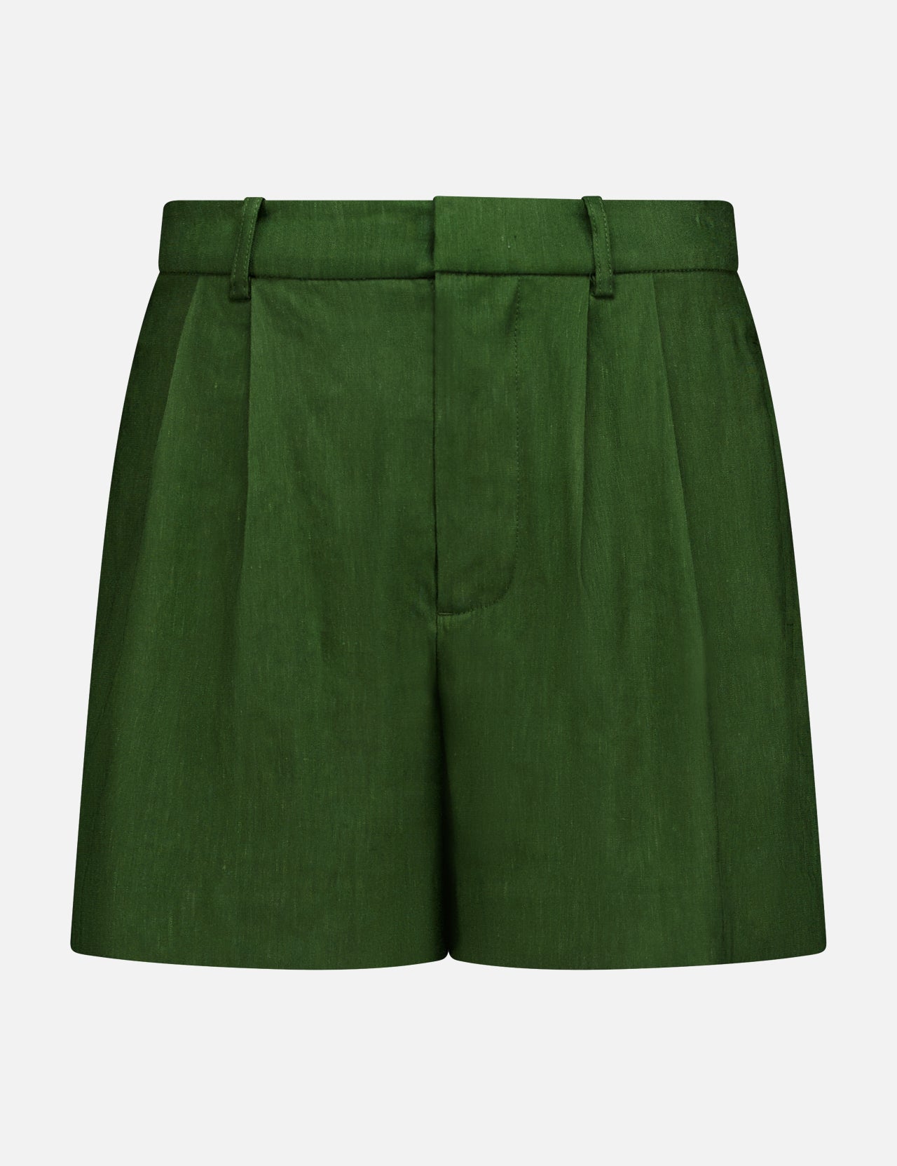 The ALICE + OLIVIA Conry Relaxed Long Pleated Short features a dark green hue, tailored fit with belt loops, front pleats, and a fitted waistband. Crafted from linen for a refined yet relaxed silhouette, these shorts are displayed against a plain white background.