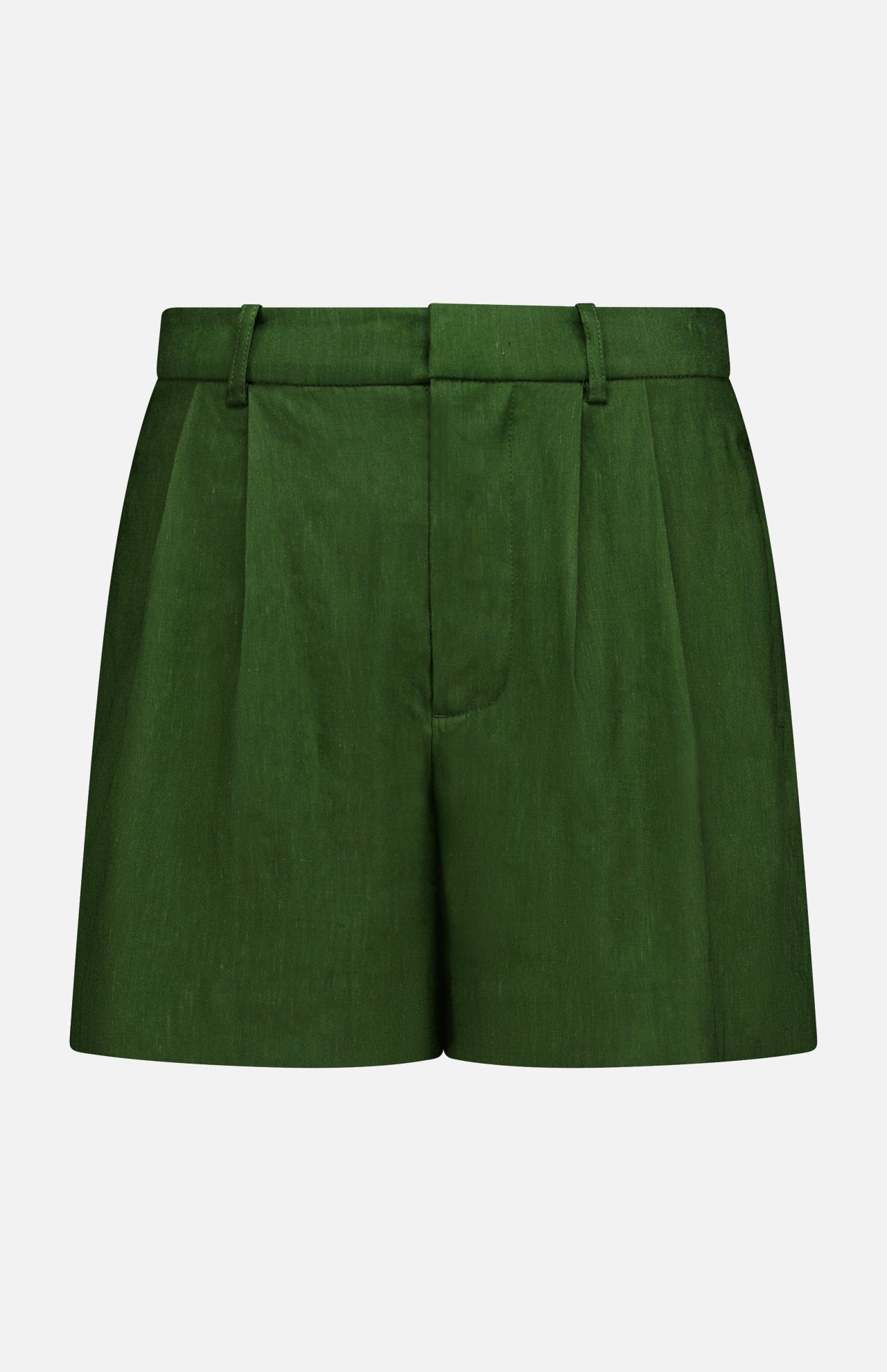 The ALICE + OLIVIA Conry Relaxed Long Pleated Short features a dark green hue, tailored fit with belt loops, front pleats, and a fitted waistband. Crafted from linen for a refined yet relaxed silhouette, these shorts are displayed against a plain white background.