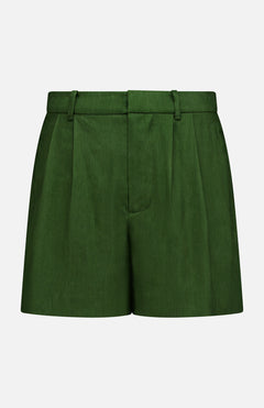 The ALICE + OLIVIA Conry Relaxed Long Pleated Short features a dark green hue, tailored fit with belt loops, front pleats, and a fitted waistband. Crafted from linen for a refined yet relaxed silhouette, these shorts are displayed against a plain white background.