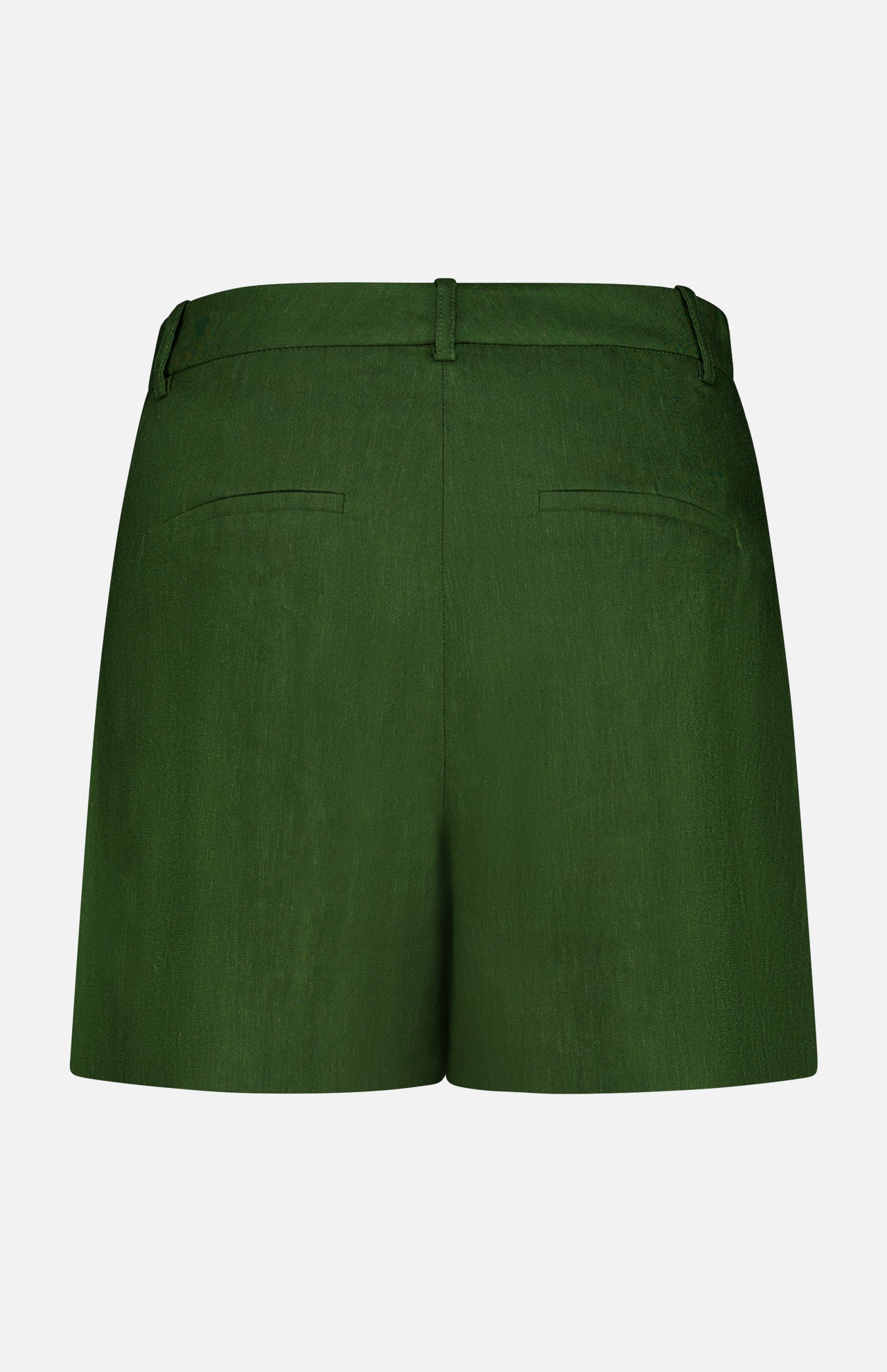 Back view of the ALICE + OLIVIA Conry Relaxed Long Pleated Short in dark green, featuring belt loops and two welt pockets, displayed on a plain white background. These relaxed fit shorts provide versatile comfort and effortless style for any casual wardrobe.