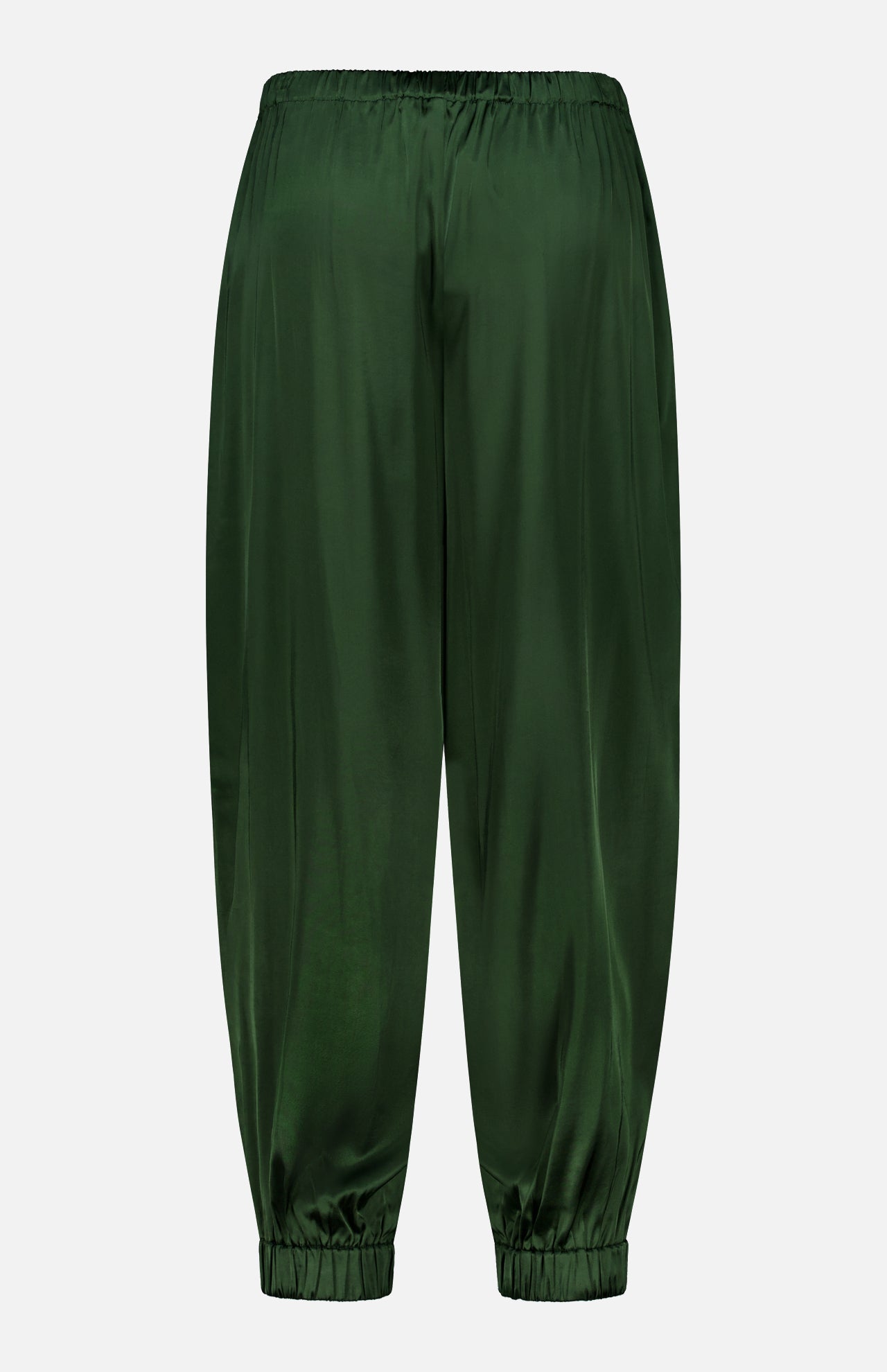 ALICE + OLIVIA Declan Pull On Genie Pant in dark green silky charmeuse, featuring an elastic waistband and elastic cuffs, displayed on a plain white background.