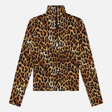 The Delania Long Sleeve Turtleneck Top by ALICE + OLIVIA features a bold brown, black, and tan leopard print in a high-neck silhouette with long sleeves and a chic half-zip front—ideal for layering as a statement piece over your favorite sheer turtleneck.