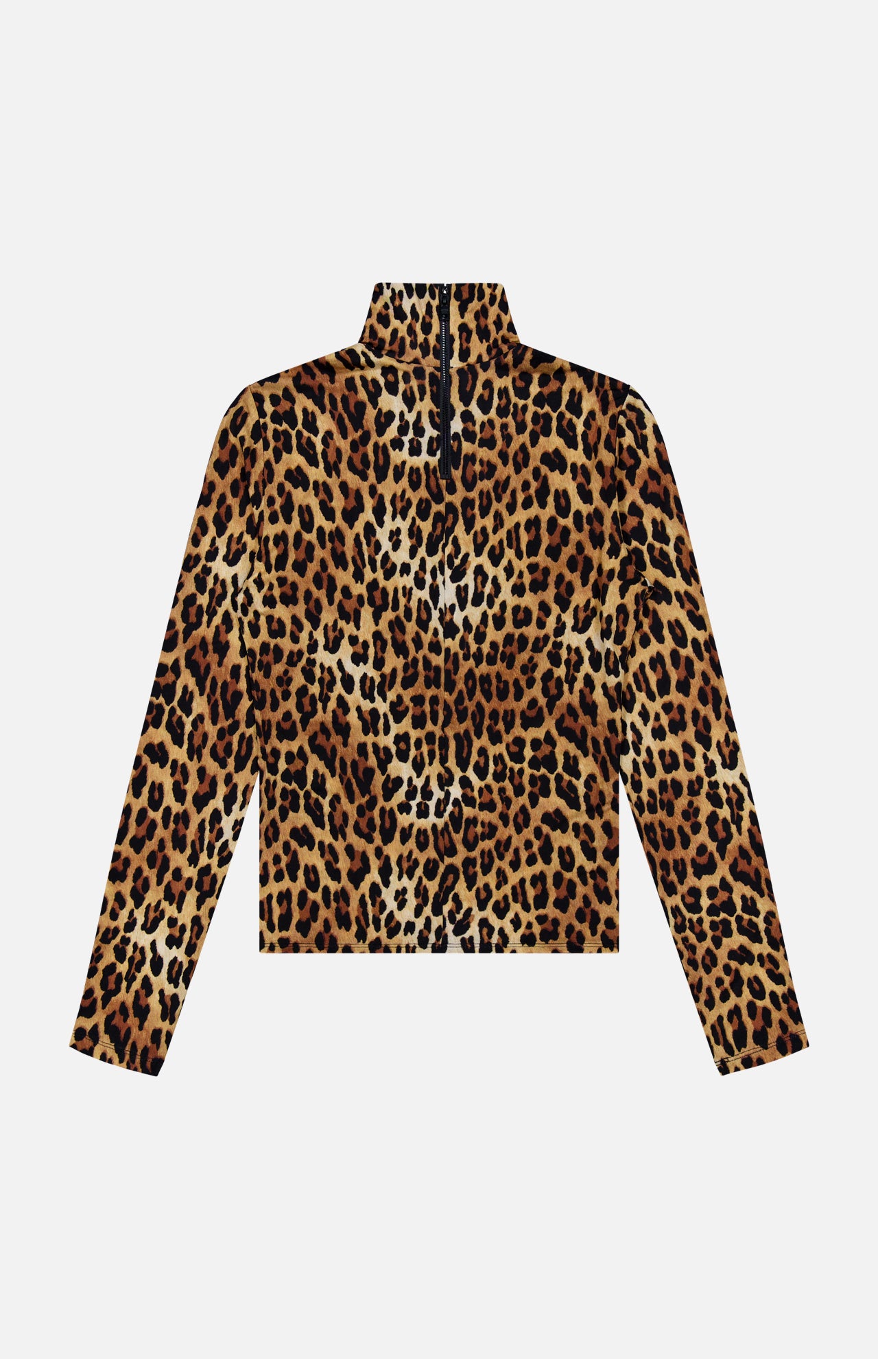 The Delania Long Sleeve Turtleneck Top by ALICE + OLIVIA features a bold brown, black, and tan leopard print in a high-neck silhouette with long sleeves and a chic half-zip front—ideal for layering as a statement piece over your favorite sheer turtleneck.