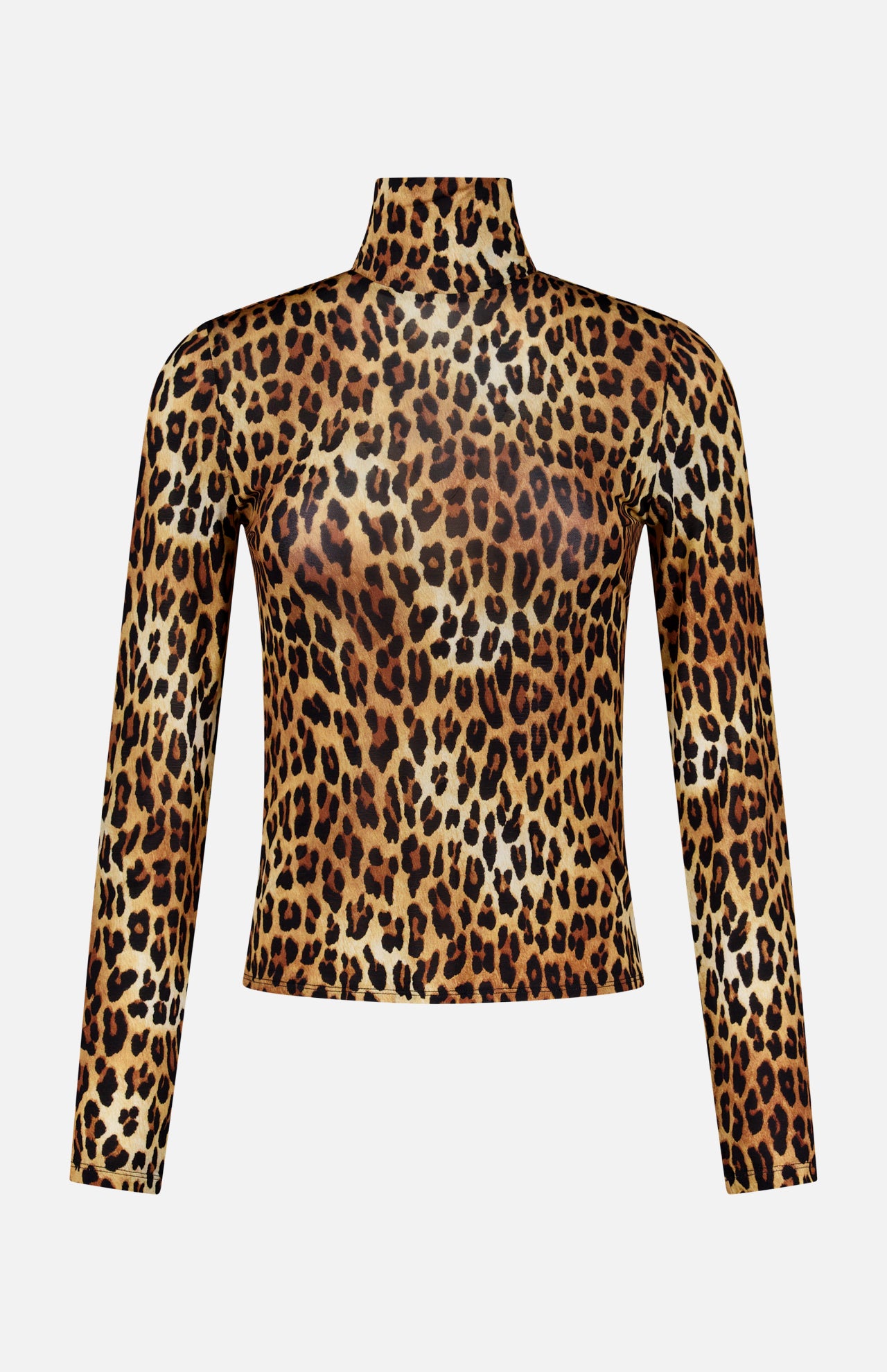 The Delania Long Sleeve Turtleneck Top by ALICE + OLIVIA features a form-fitting, sheer silhouette with an all-over leopard print in brown, black, and gold tones. Crafted from stretch jersey for a sleek fit, this statement piece is perfect for layering and is showcased on a plain white background.