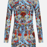 The ALICE + OLIVIA Delora Folded Turtleneck Mini Dress is a blue, body-skimming mini with long sleeves, a high neck, and features red roses, blue and white flowers, and greenery on a blue background.